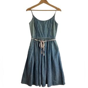 Vtg Ralph Lauren Denim Belted Spaghetti Strap Cottagecore Midi Dress Siz…